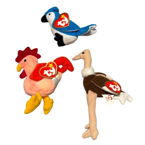 Ty Other - Ty Teenie Beanie Babies McDonald's Lot of 3 Rooster Blue Jay Stretchy Ostrich